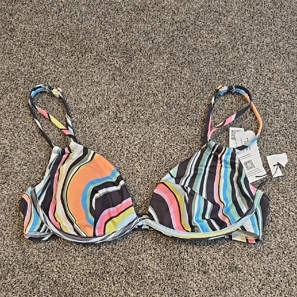 NWT Sanctuary Women Wavy Double StrapColorful Striped Bikini Top Swim Sz L
